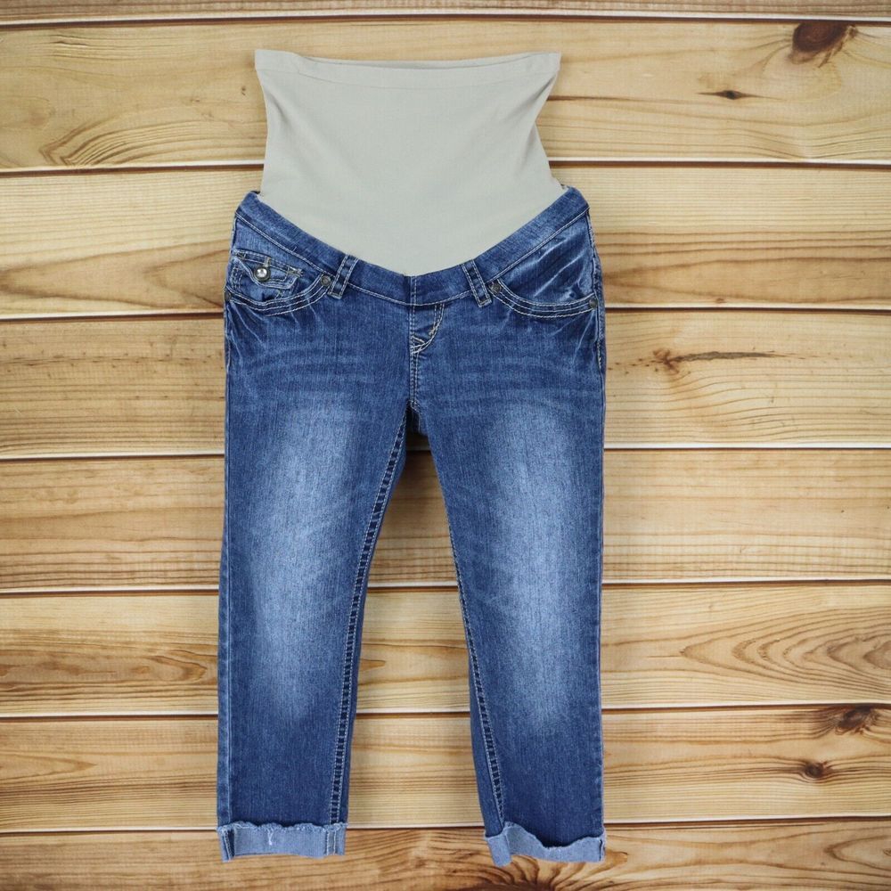 Wallflower Maternity Capri Jeans w/ Belly Band Womens M Blue‎ Faded Denim Cuffed